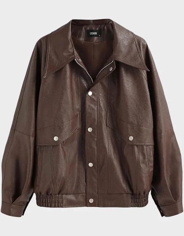 brown faux leather button zipper jacket