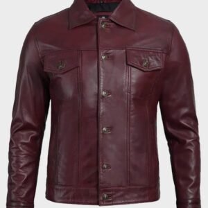 maroon leather trucker jacket