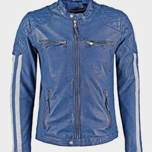 mens cafe racer leather biker-jacket blue with white stripes