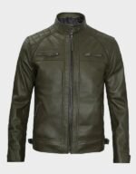 mens quilted shoulder military green cafe racer leather jacket