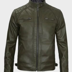 mens quilted shoulder military green cafe racer leather jacket