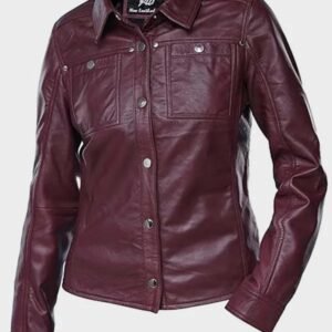 womens button front lambskin burgandy leather jacket