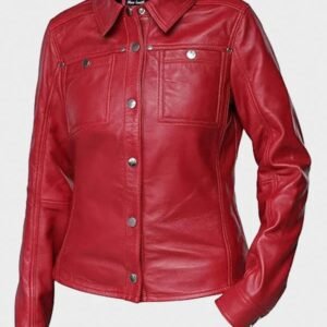 womens button front lambskin red leather jacket