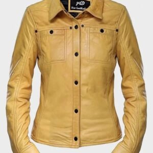 womens button front lambskin yellow leather jacket